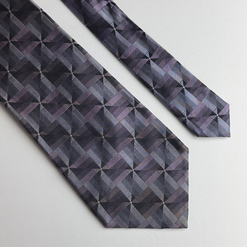 Arrow USA 1851 Mens Purple Grey Geometric Grid 100% Silk Necktie Formal Business